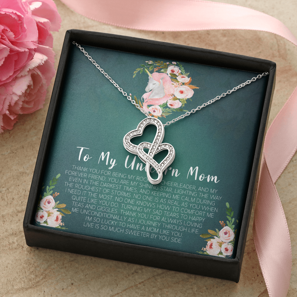 To My Unicorn Mom Double Heart Necklace Message Card