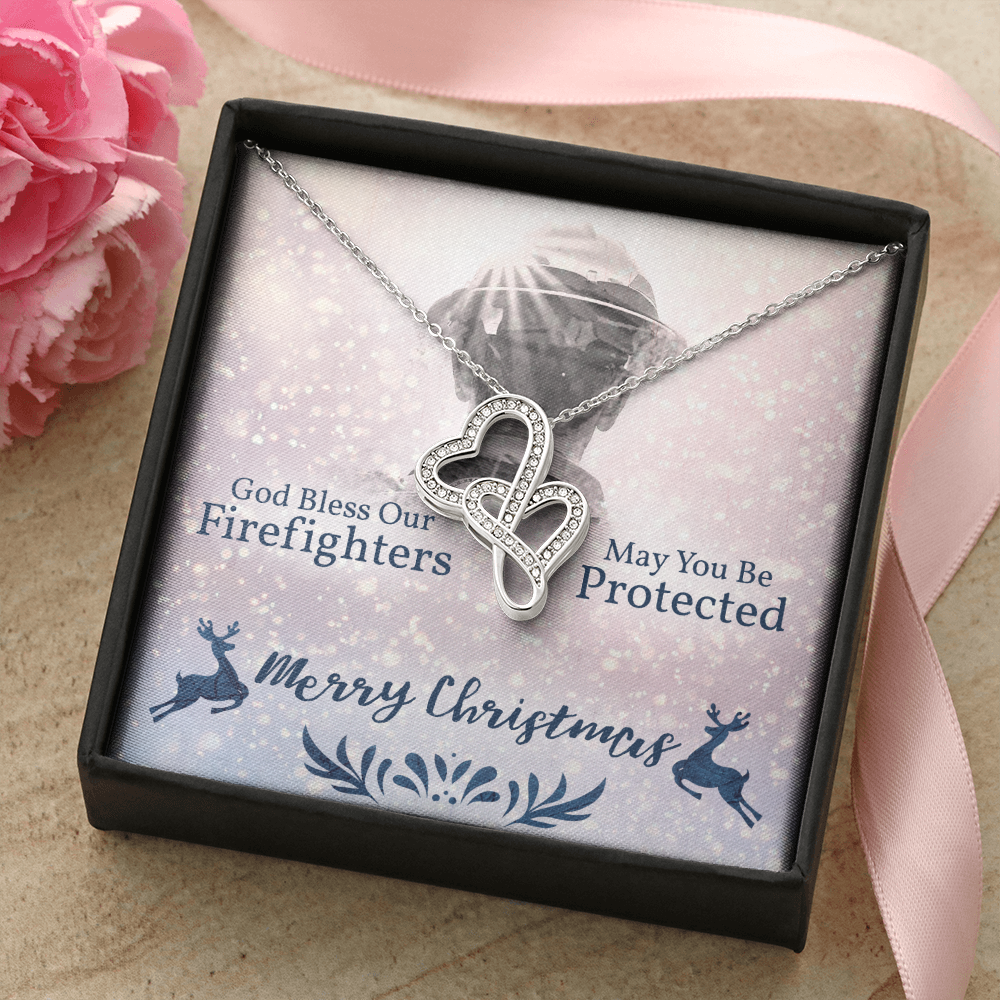 God Bless Our Firefighters Double Hearts Necklace Message Card