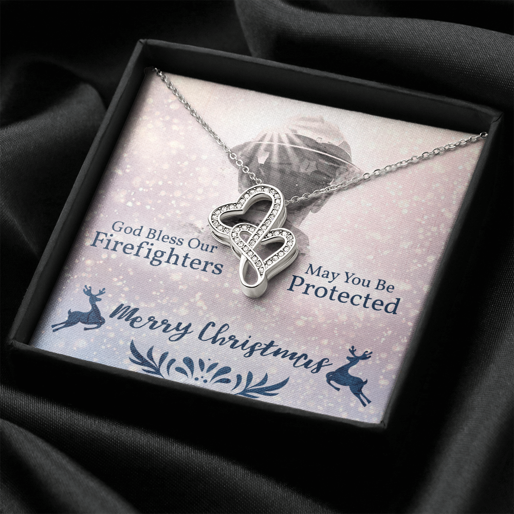 God Bless Our Firefighters Double Hearts Necklace Message Card