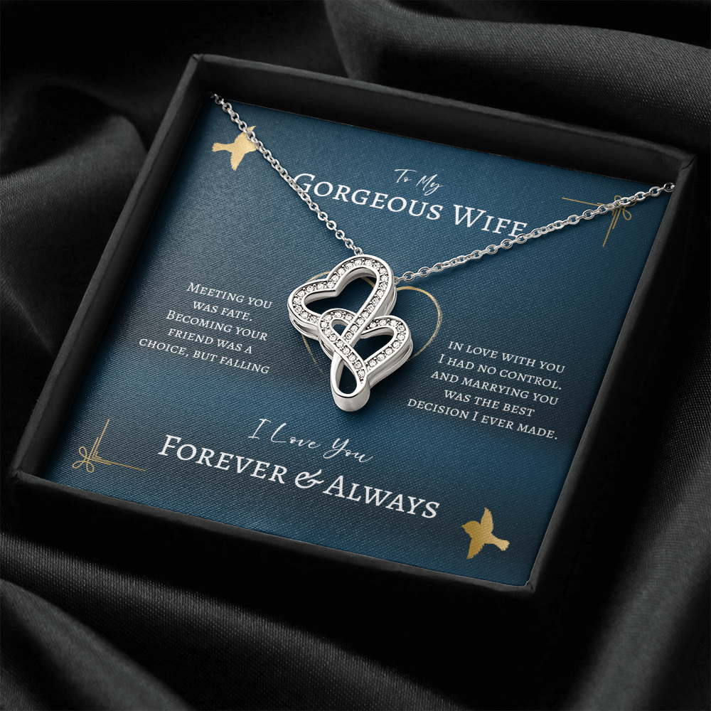 To My Gorgeous Wife Double Hearts Necklace Message Card