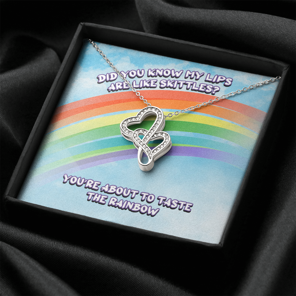 Did You Know My Lips Are Like Skittles Double Hearts Necklace Message Card