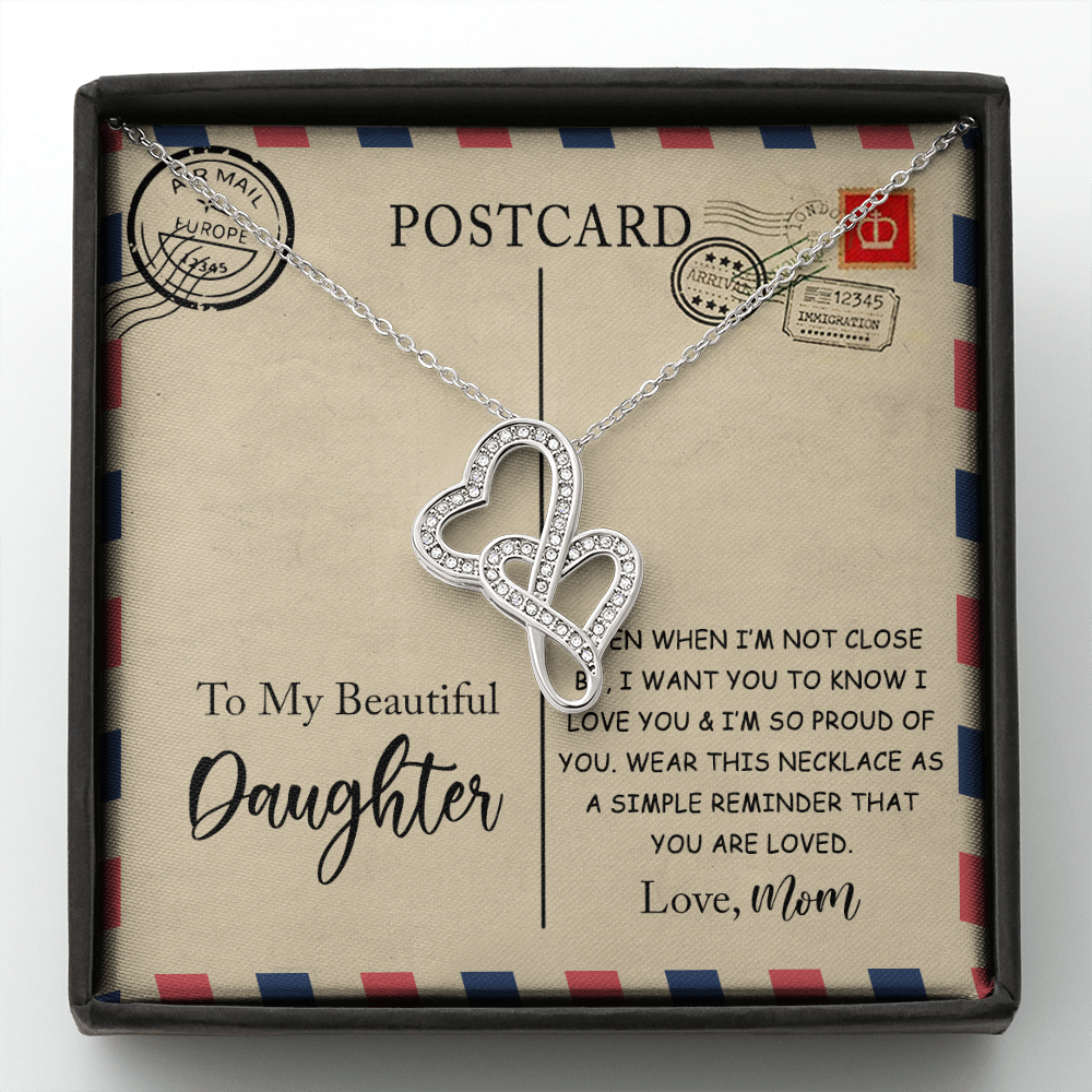 To My Beautiful Daughter Double Hearts Necklace Message Card