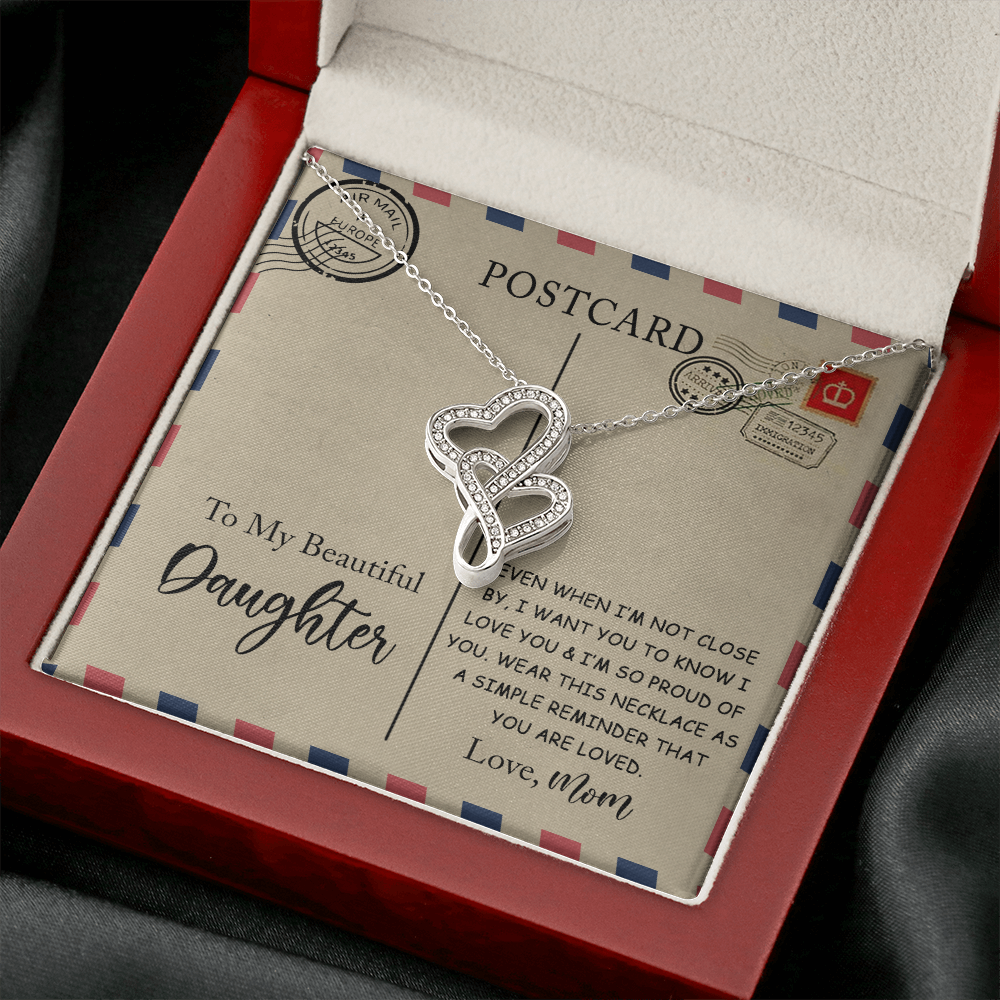 To My Beautiful Daughter Double Hearts Necklace Message Card