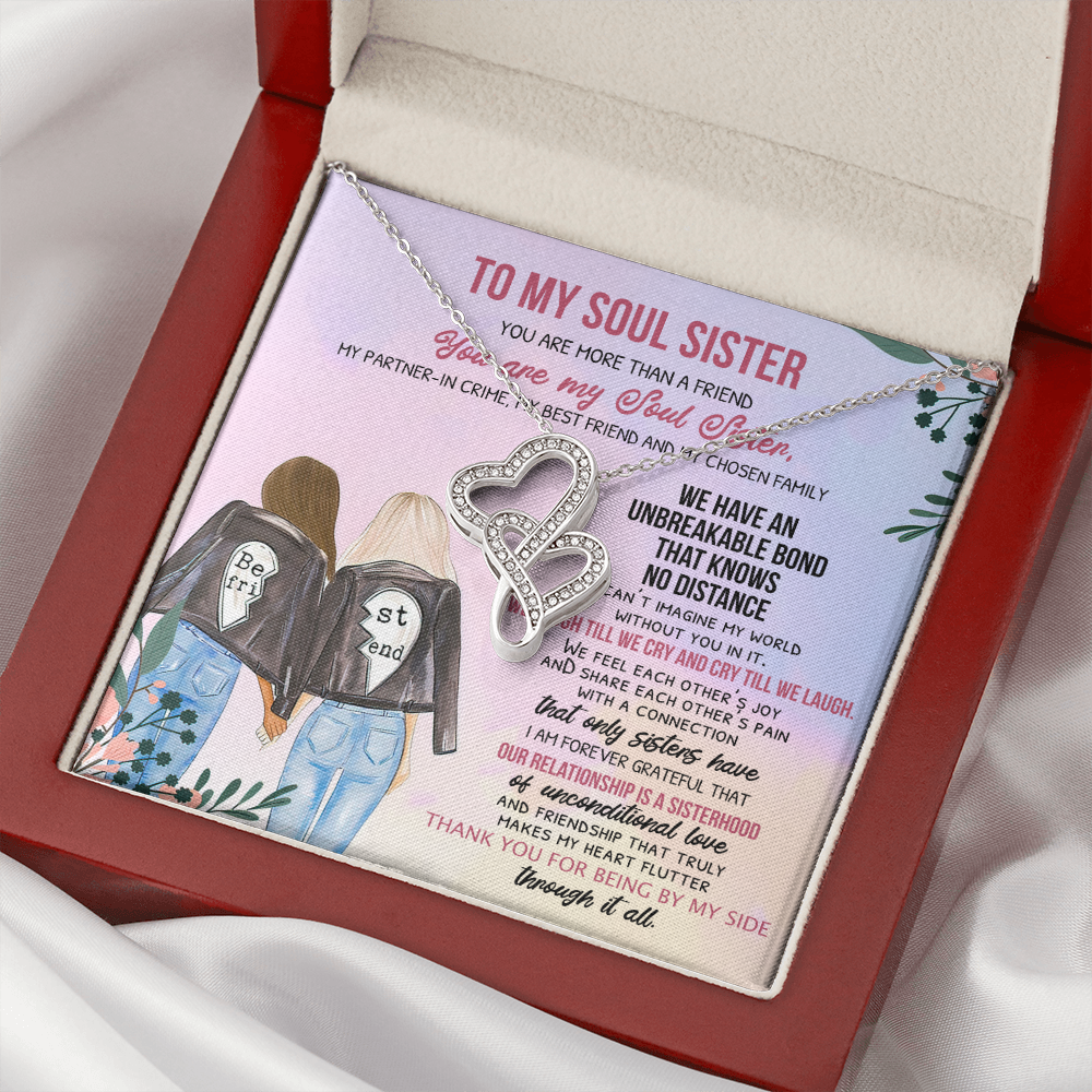 To My Soul Sister Double Hearts Necklace Message Card