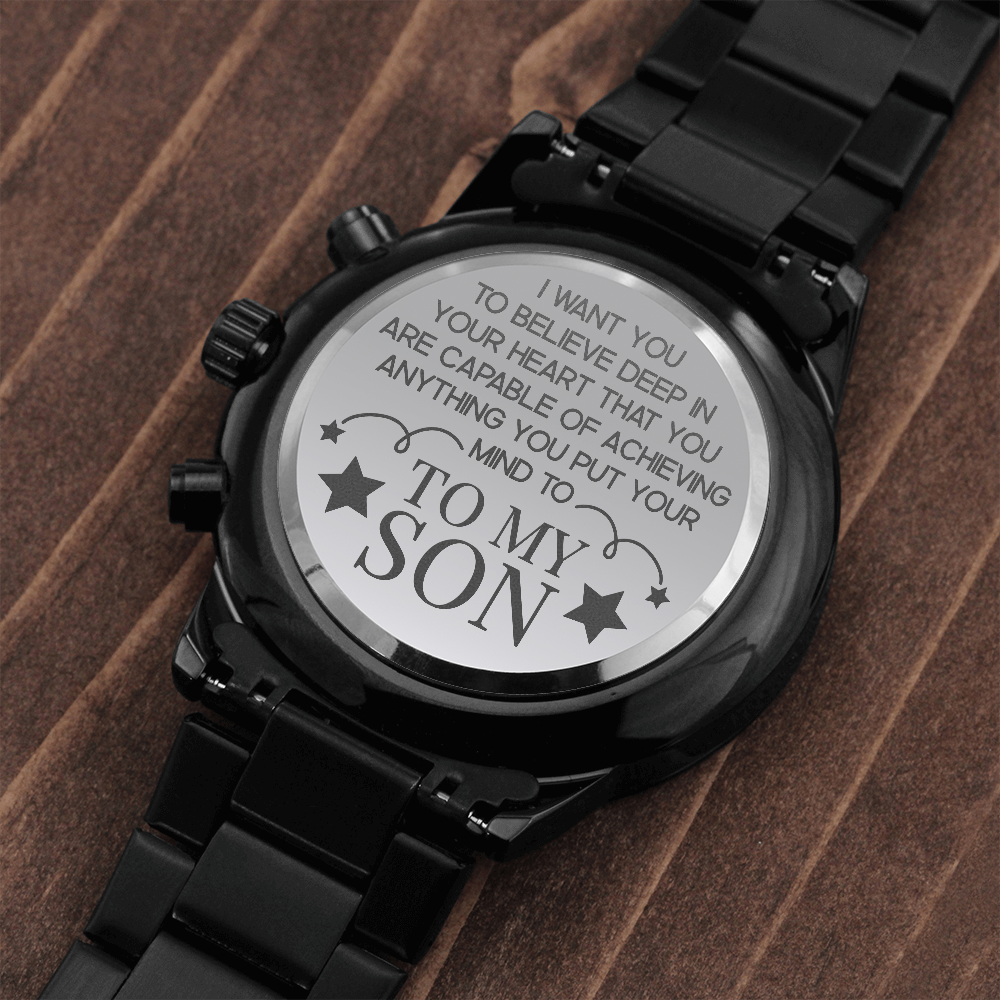 To My Son Engraved Design Black Chronograph Watch for Son
