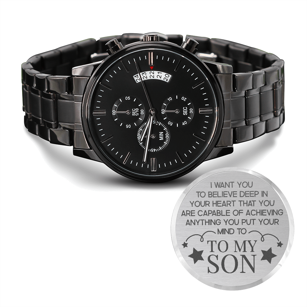 To My Son Engraved Design Black Chronograph Watch for Son