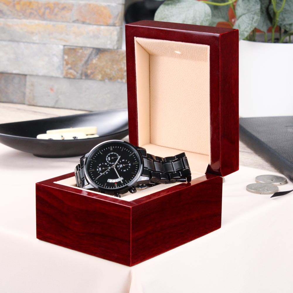 My Man Engraved Design Black Chronograph Watch for Husband