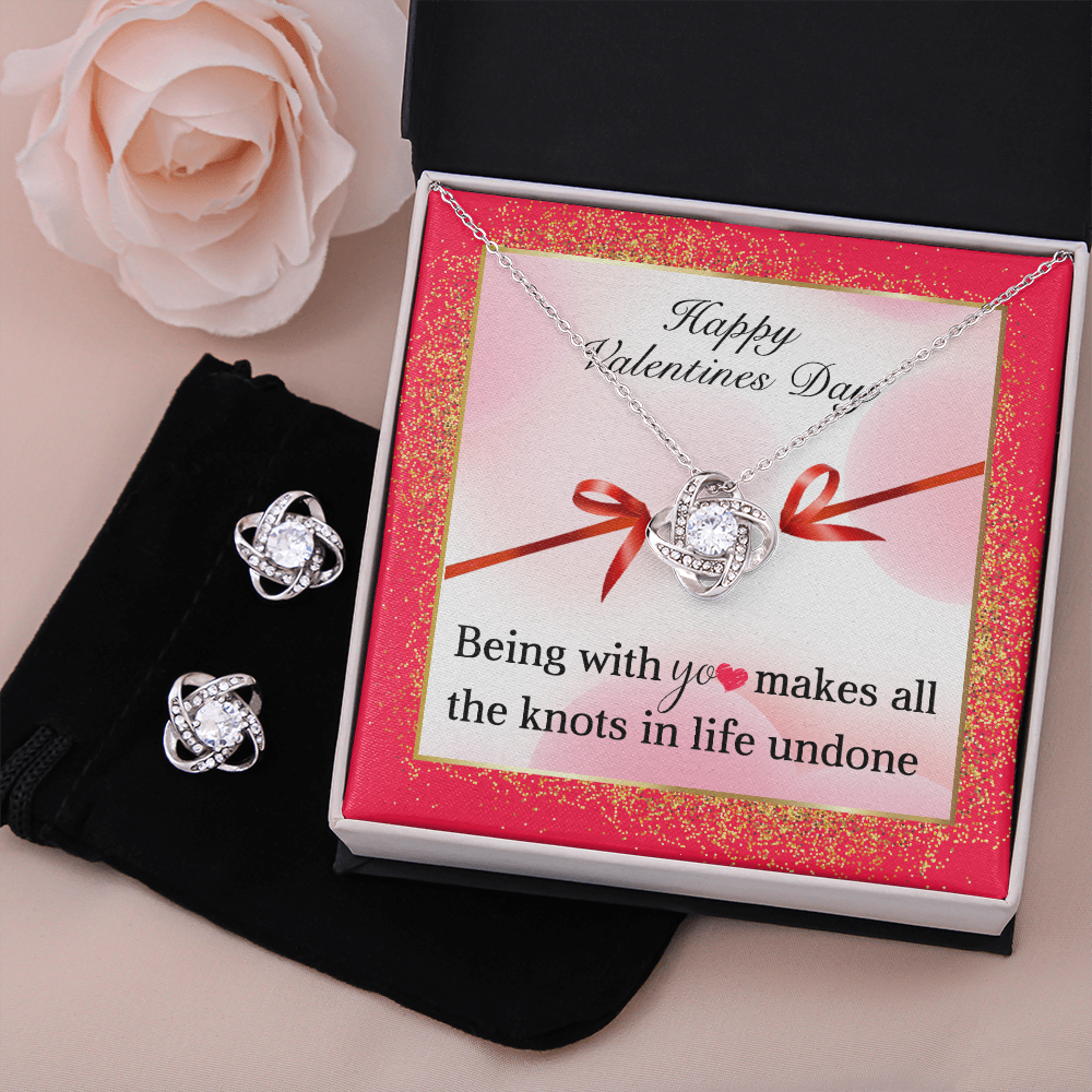 Happy Valentines Day Love Knot Necklace & Earring Set Message Card