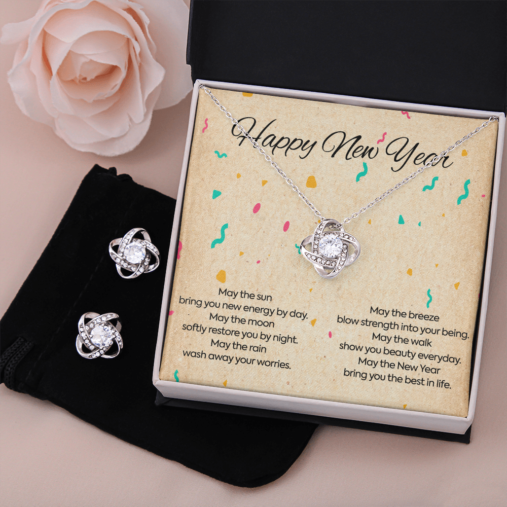 Happy New Year Love Knot Necklace & Earring Set Message Card