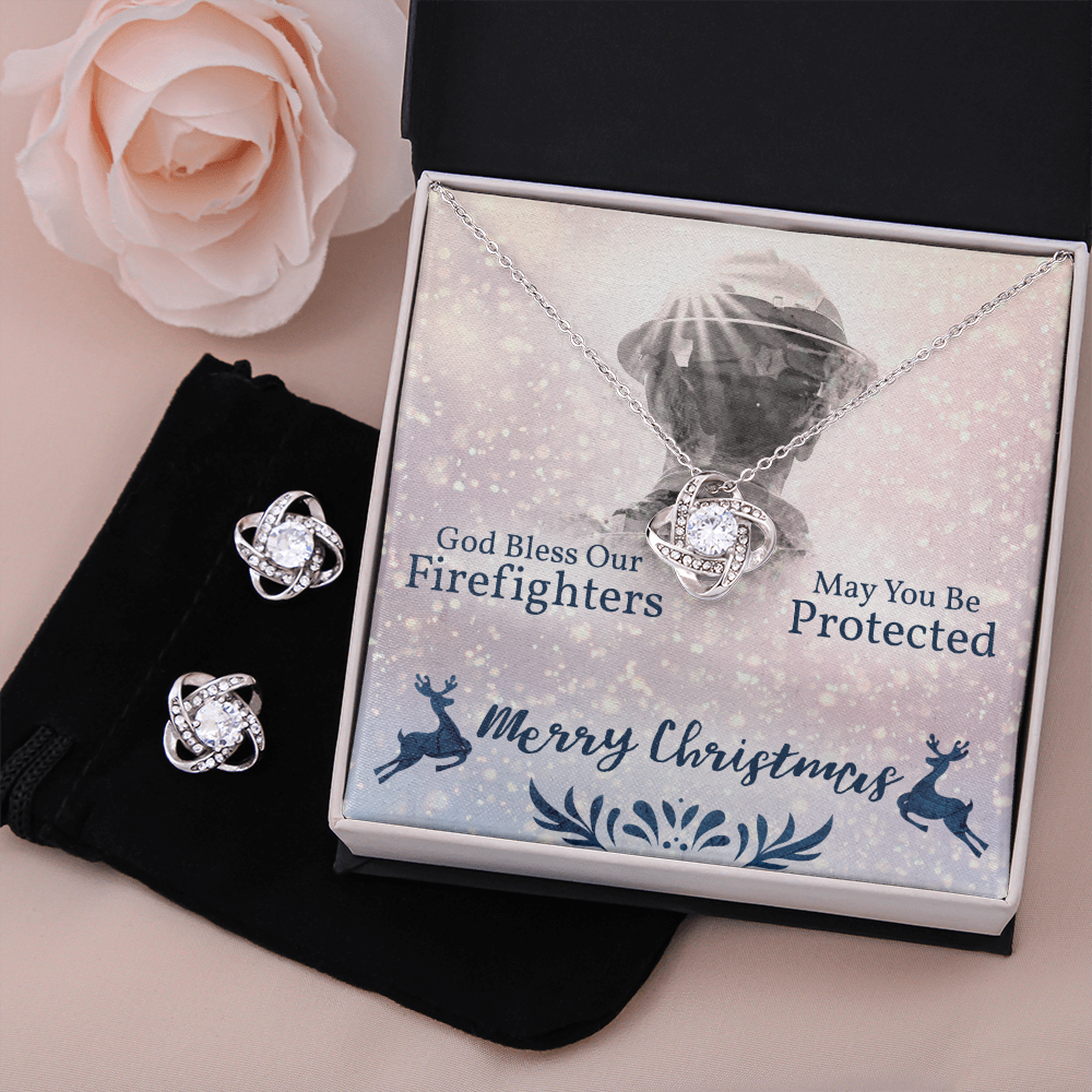 God Bless Our Firefighters Love Knot Earring & Necklace Set Message Card