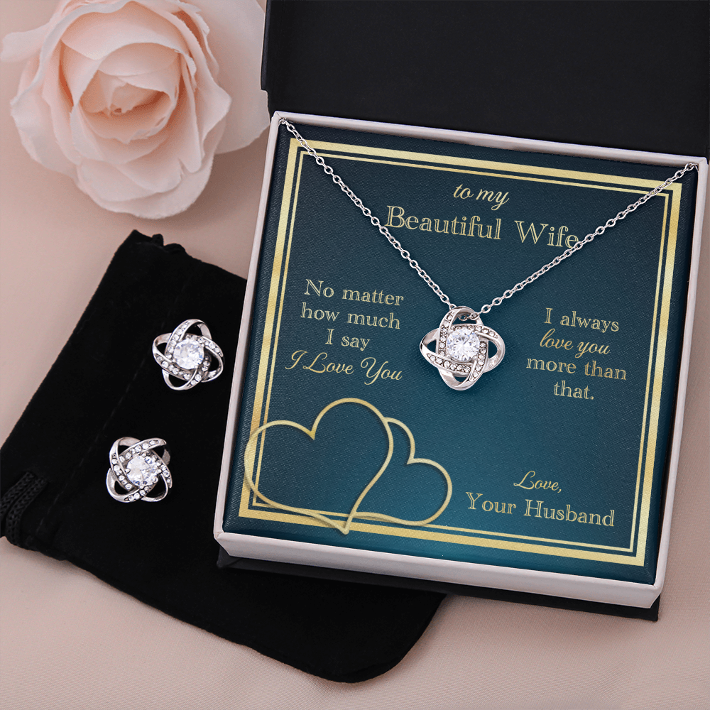 To My Beautiful Wife Love Knot Necklace & Earring Set Message Card
