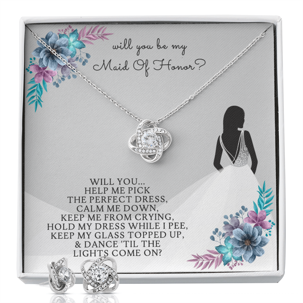 Maid of Honor Love Knot Earring & Necklace Set Message Card