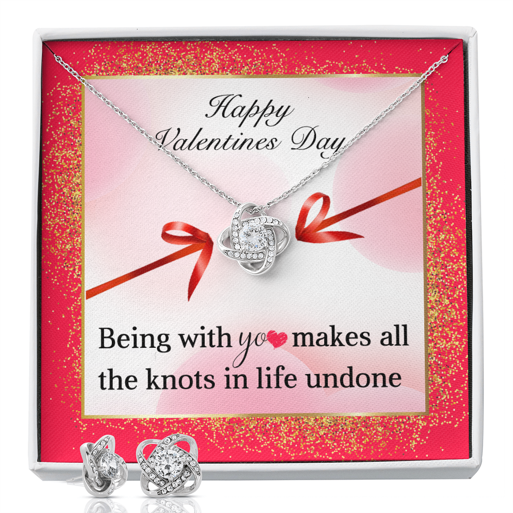 Happy Valentines Day Love Knot Necklace & Earring Set Message Card