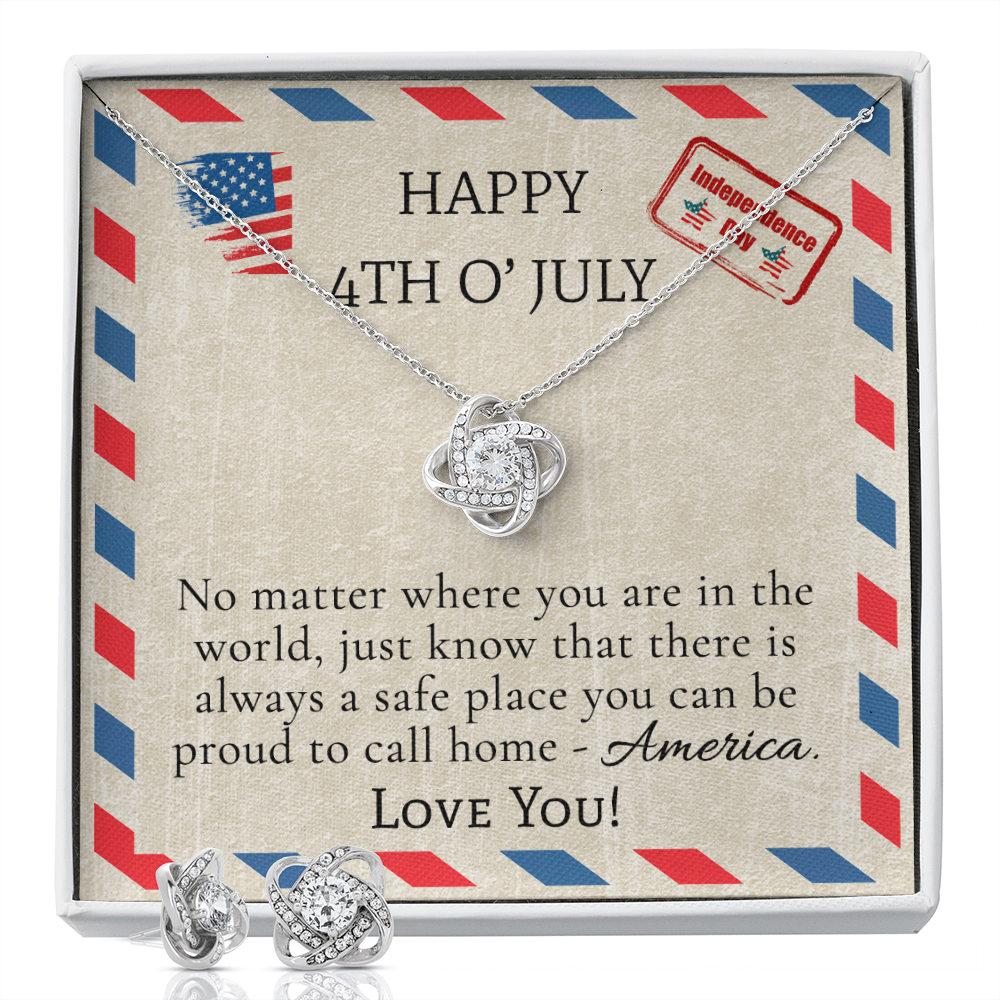 Happy 4th Of July Love Knot Necklace & Earring Set Message Card