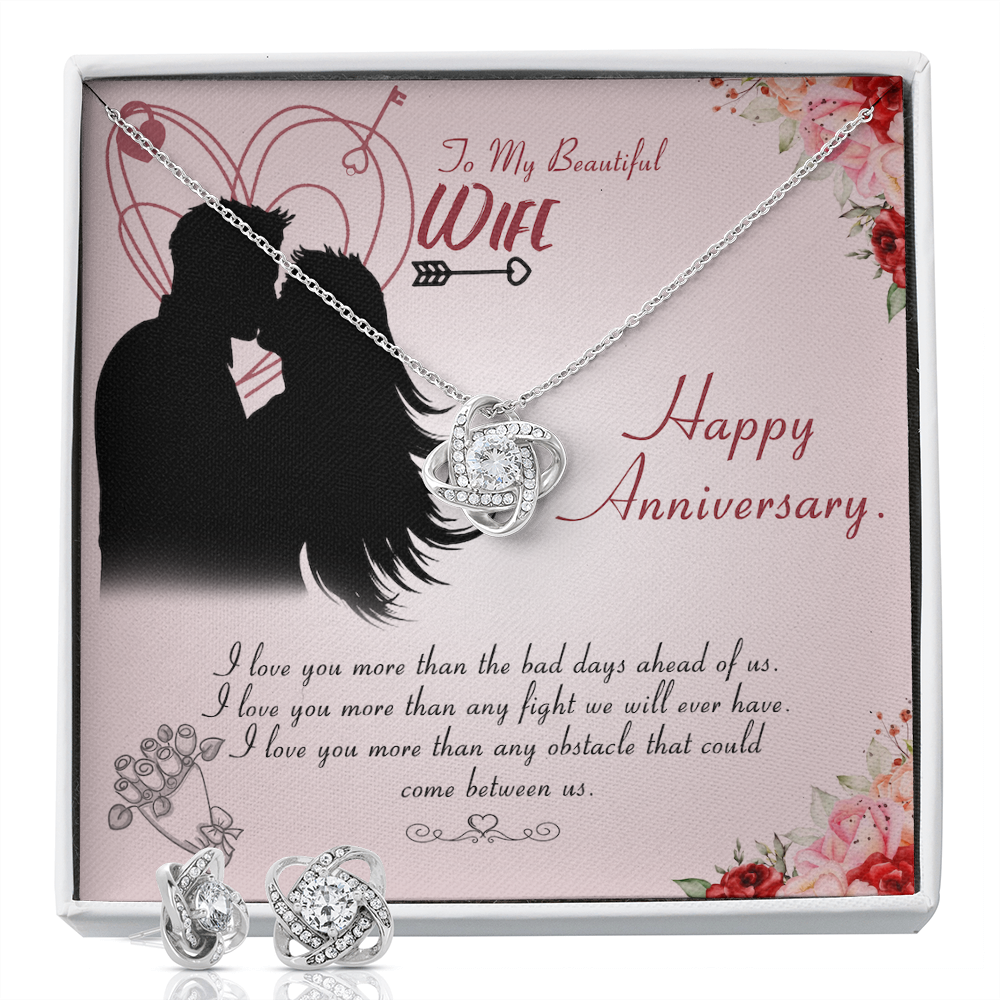 To My Beautiful Wife Love Knot Earring & Necklace Set Message Card