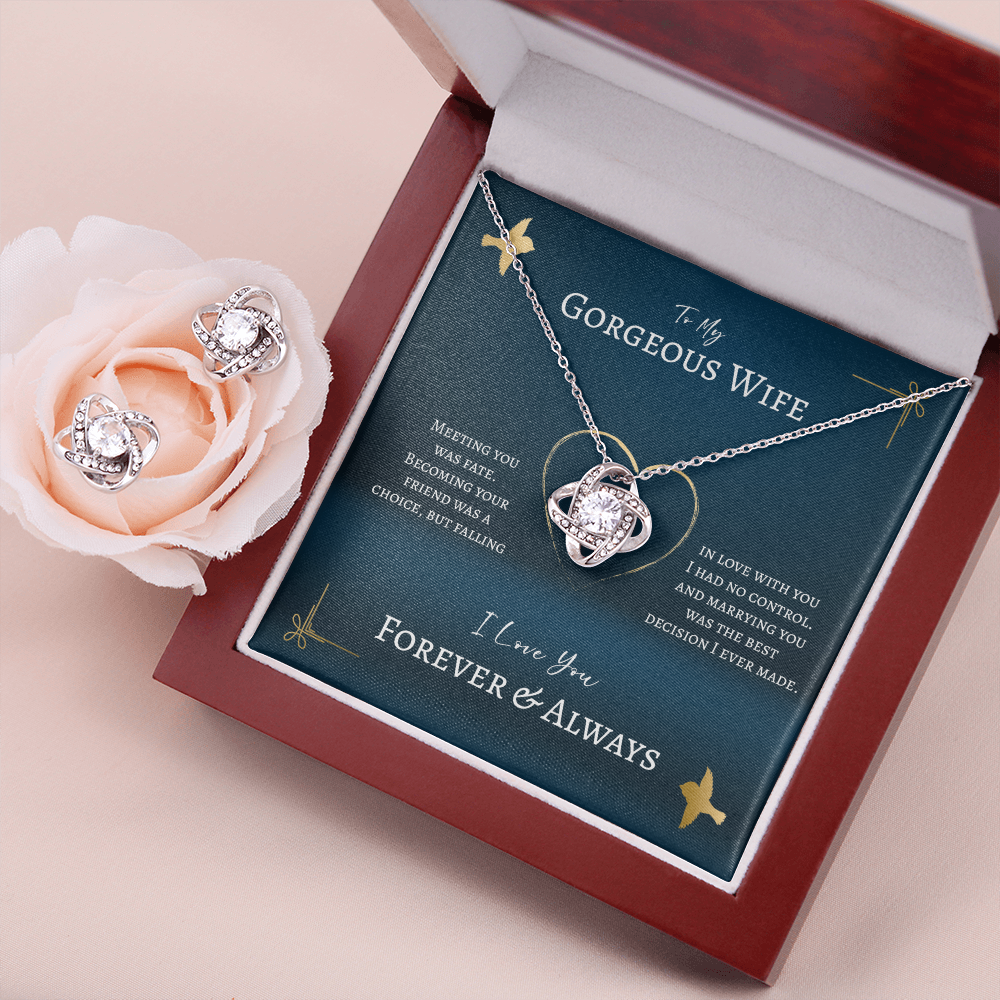 To My Gorgeous Wife Love Knot Necklace & Earring Set Message Card