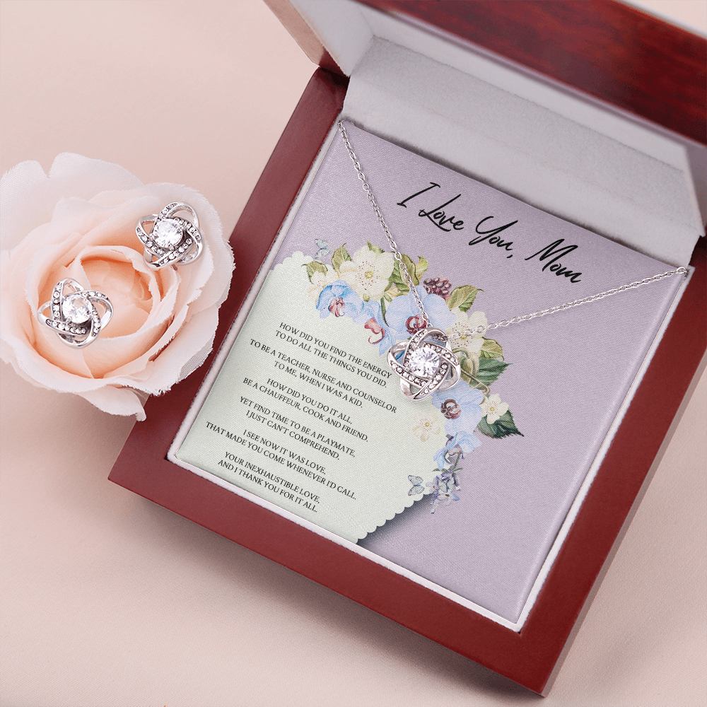 I Love You Mom Love Knot Earring & Necklace Set Message Card