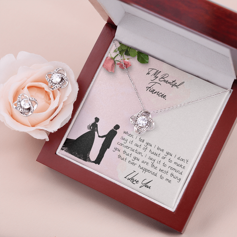 To My Beautiful Fiancé Love Knot Necklace & Earring Set Message Card