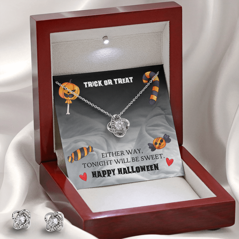 Trick Or Treat Love Knot Necklace & Earring Set Message Card