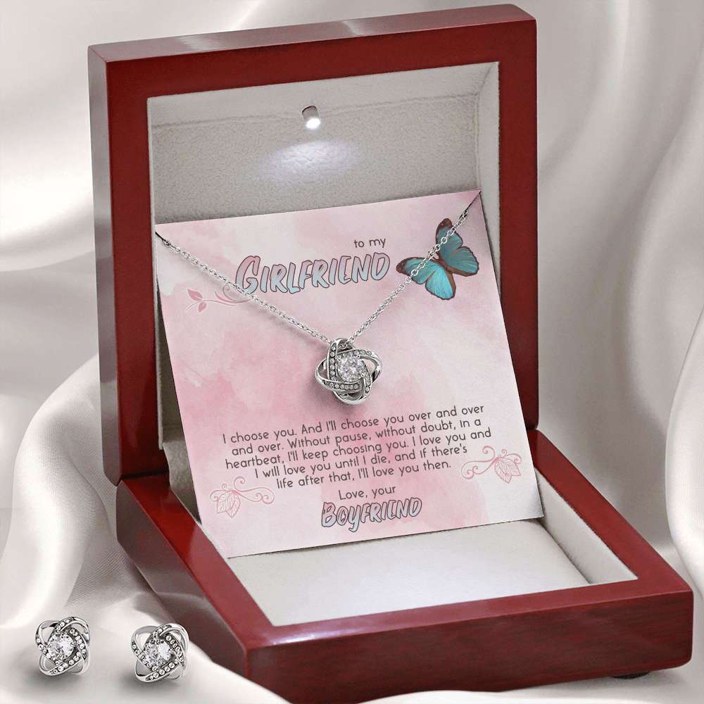 To My Girlfriend Love Knot Necklace & Earring Set Message Card