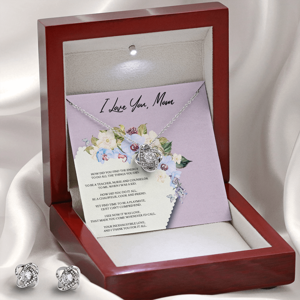 I Love You Mom Love Knot Earring & Necklace Set Message Card