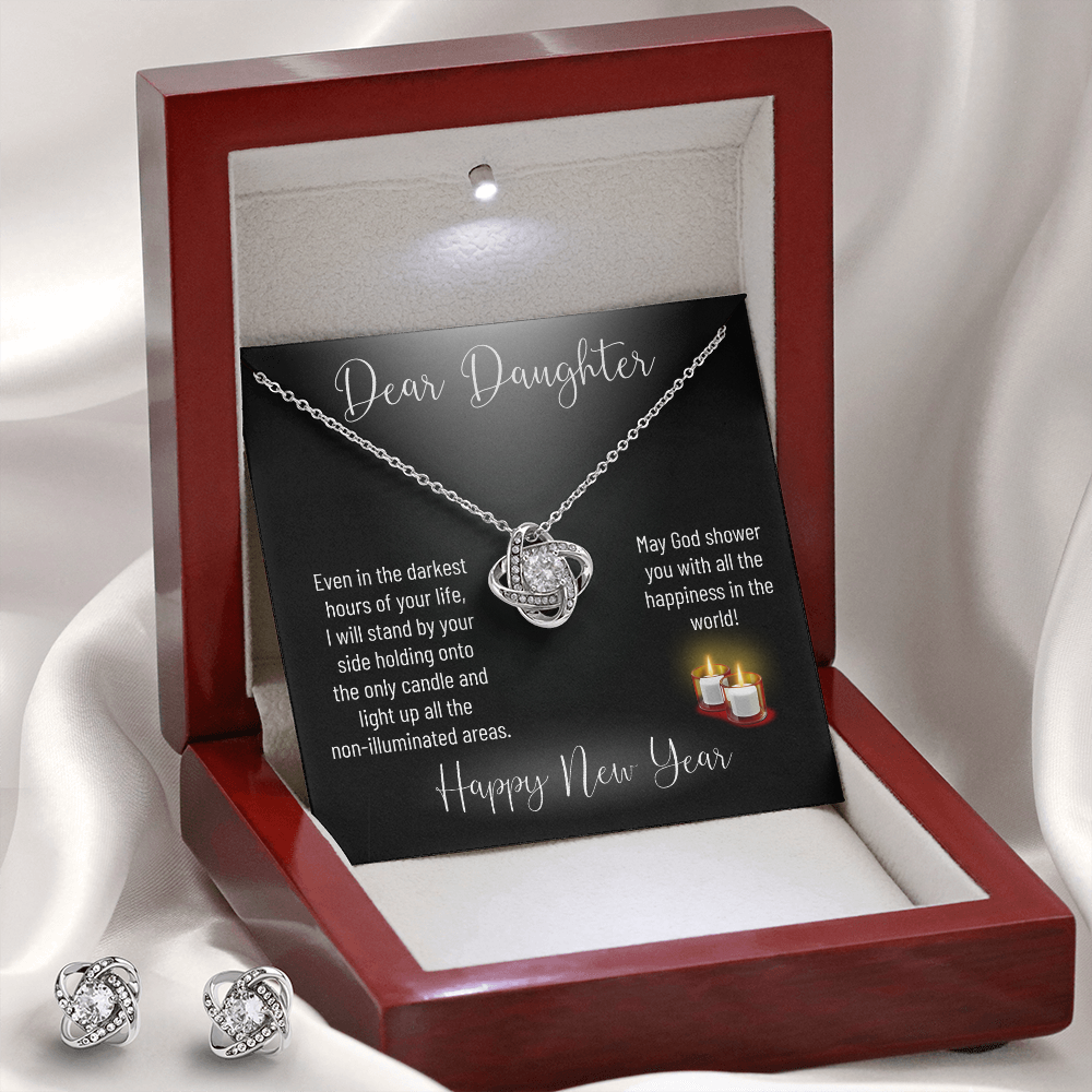 Dear Daughter Love Knot Necklace & Earring Set Message Card