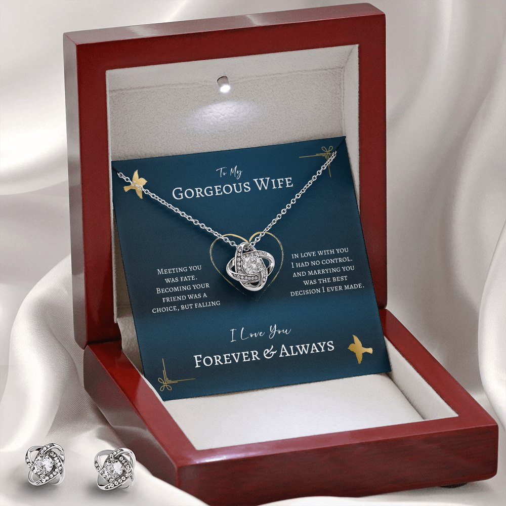 To My Gorgeous Wife Love Knot Necklace & Earring Set Message Card