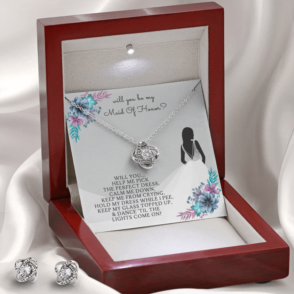 Maid of Honor Love Knot Earring & Necklace Set Message Card