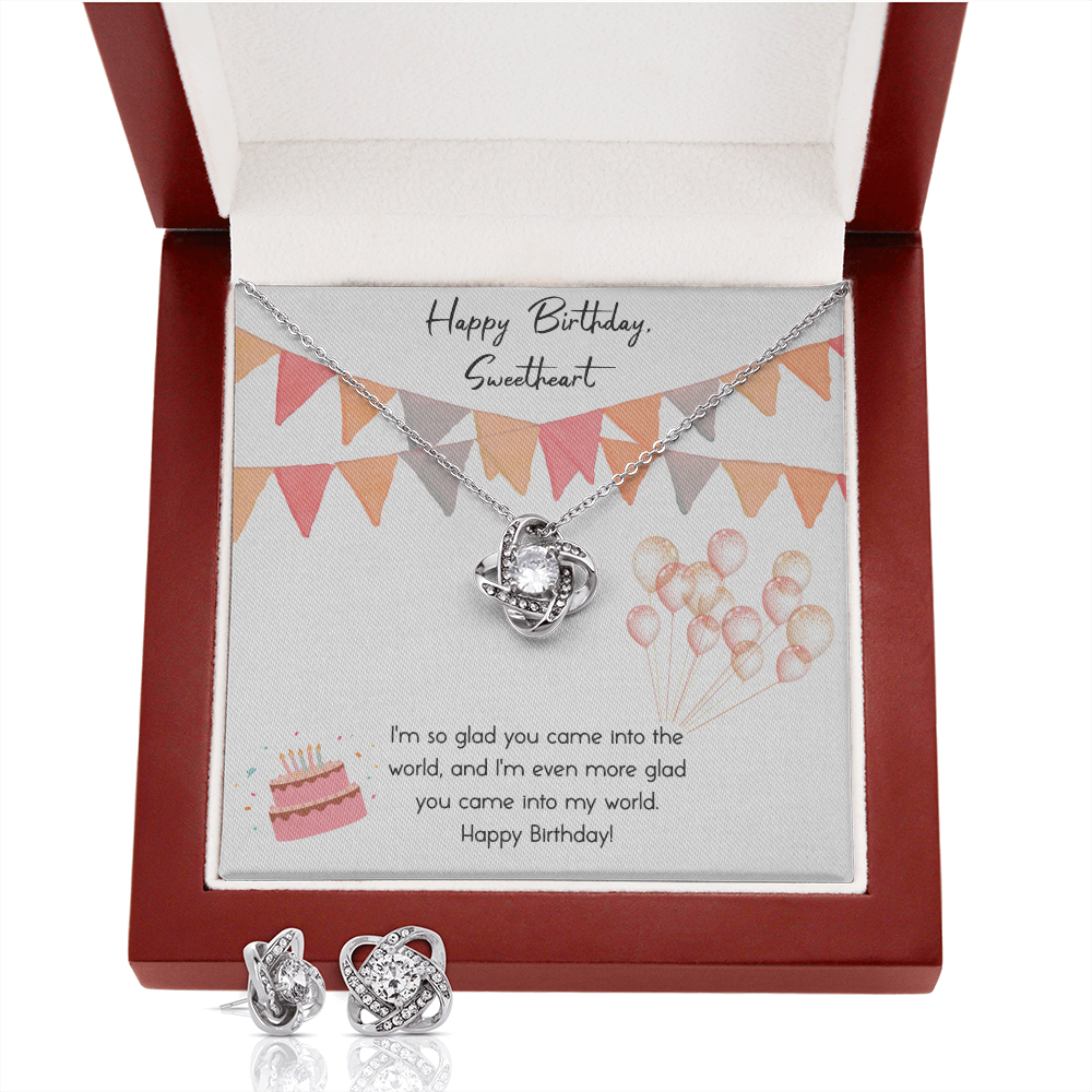 Happy Birthday Sweetheart Love Knot Earring & Necklace Set Message Card