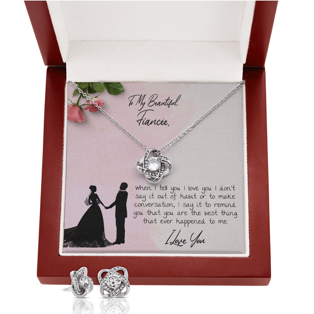 To My Beautiful Fiancé Love Knot Necklace & Earring Set Message Card