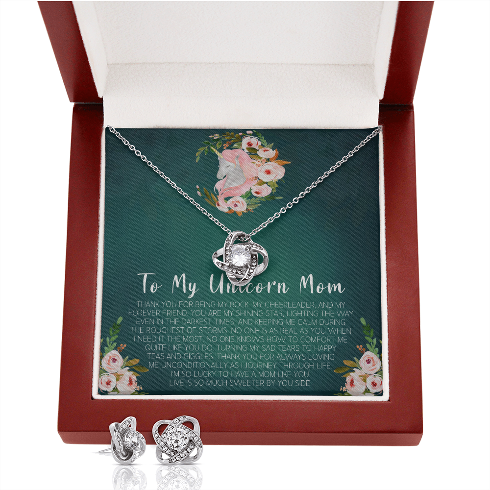 To My Unicorn Mom Love Knot Earring & Necklace Set Message Card