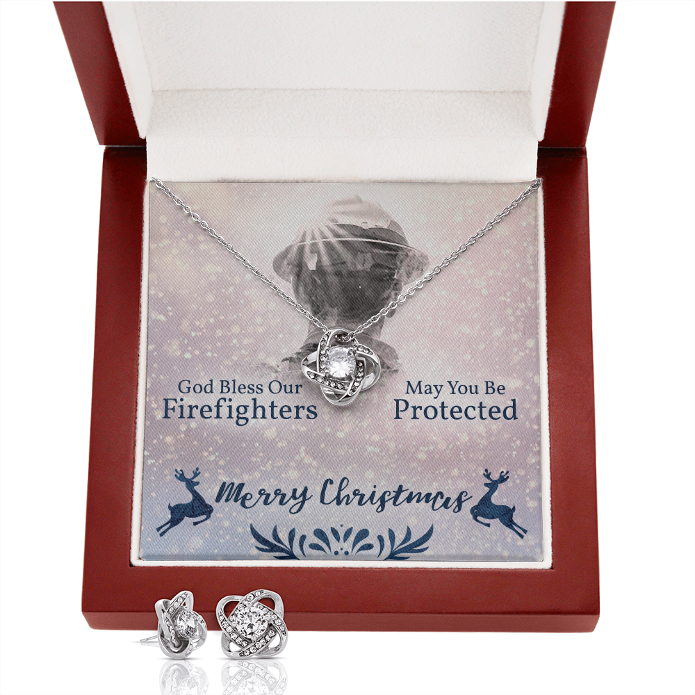 God Bless Our Firefighters Love Knot Earring & Necklace Set Message Card