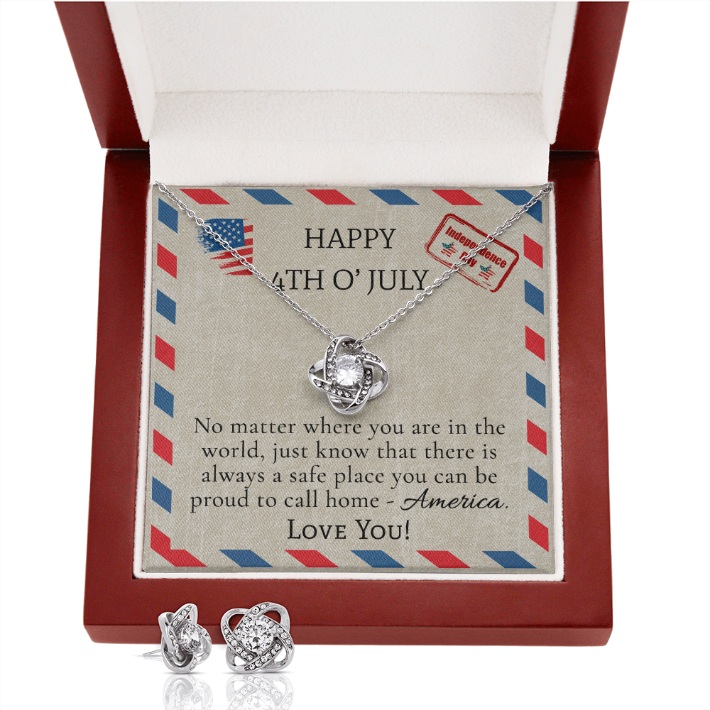 Happy 4th Of July Love Knot Necklace & Earring Set Message Card
