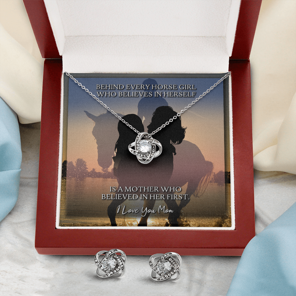 I love you Mom Love Knot Earring & Necklace Set Message Card