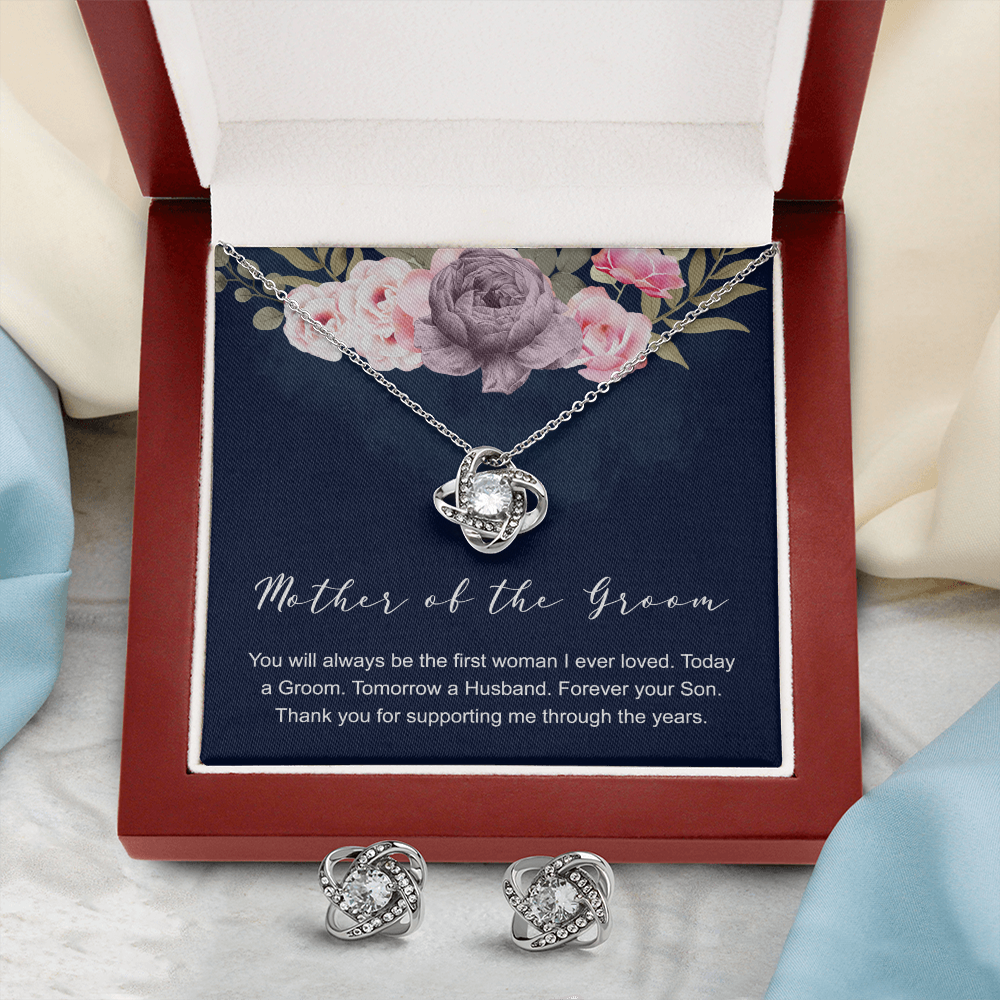 Mother of the Groom Love Knot Earring & Necklace Set Message Card