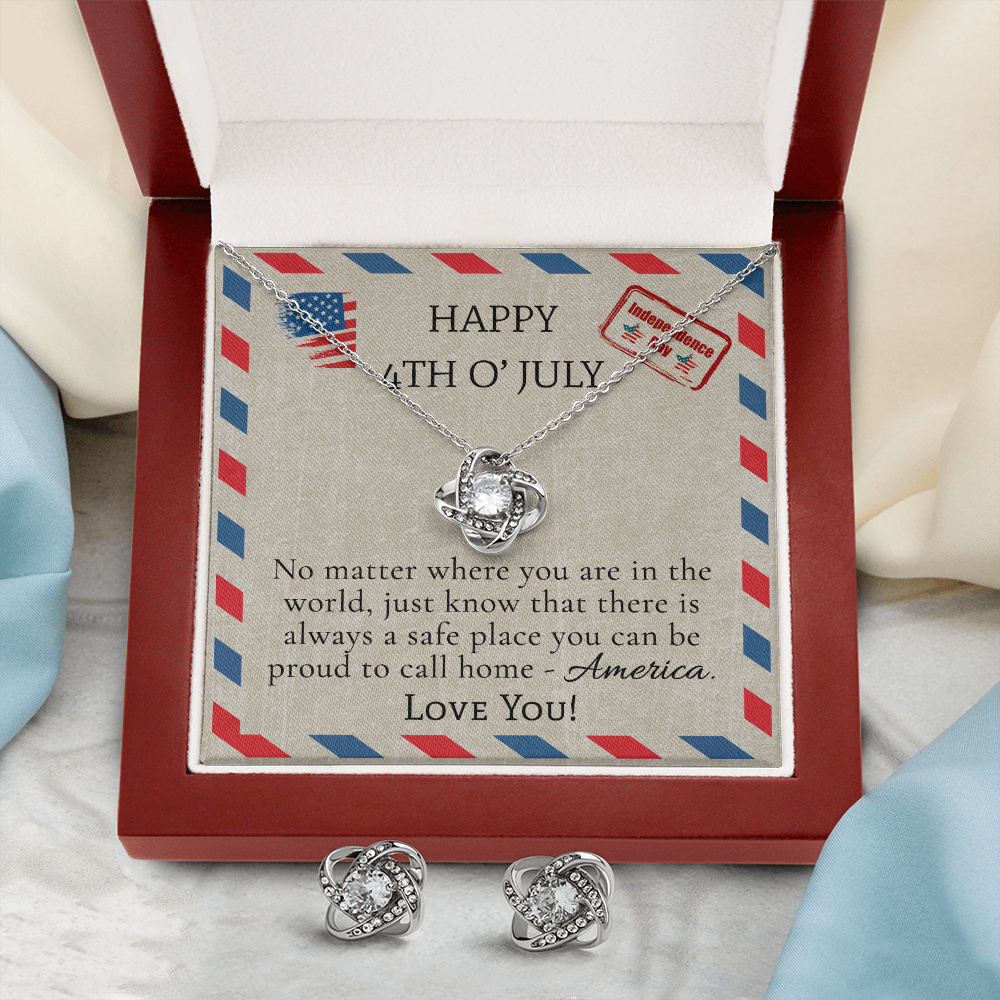 Happy 4th Of July Love Knot Necklace & Earring Set Message Card