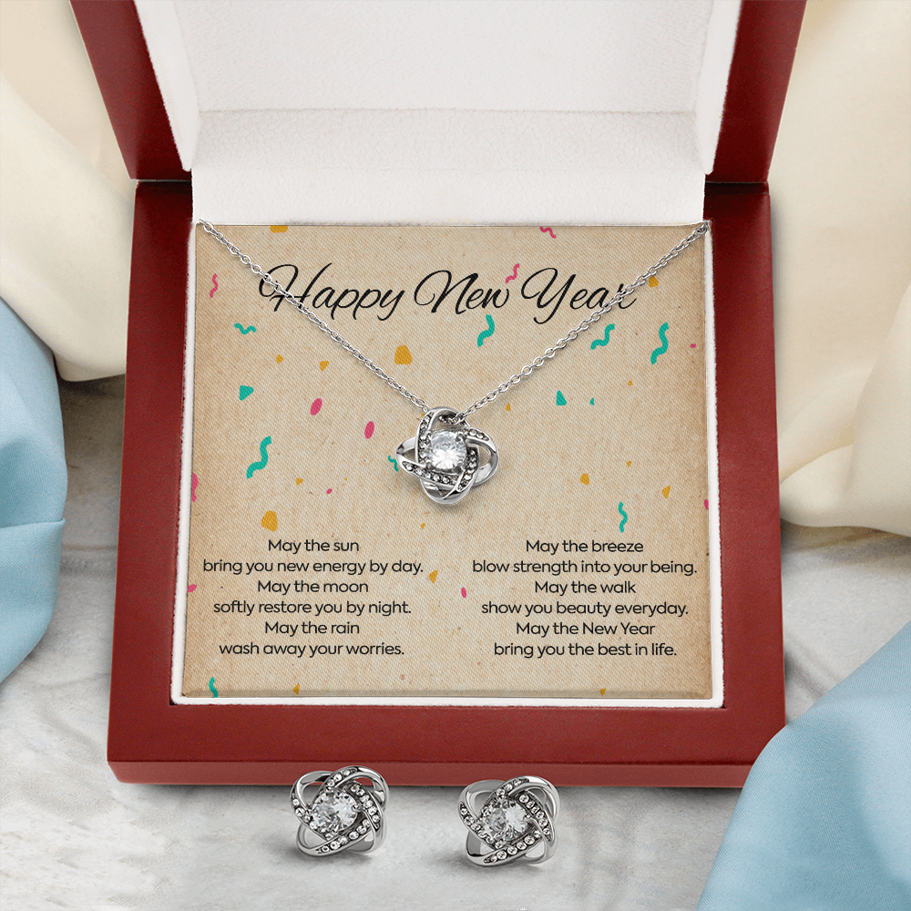 Happy New Year Love Knot Necklace & Earring Set Message Card