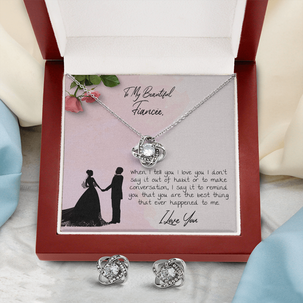 To My Beautiful Fiancé Love Knot Necklace & Earring Set Message Card