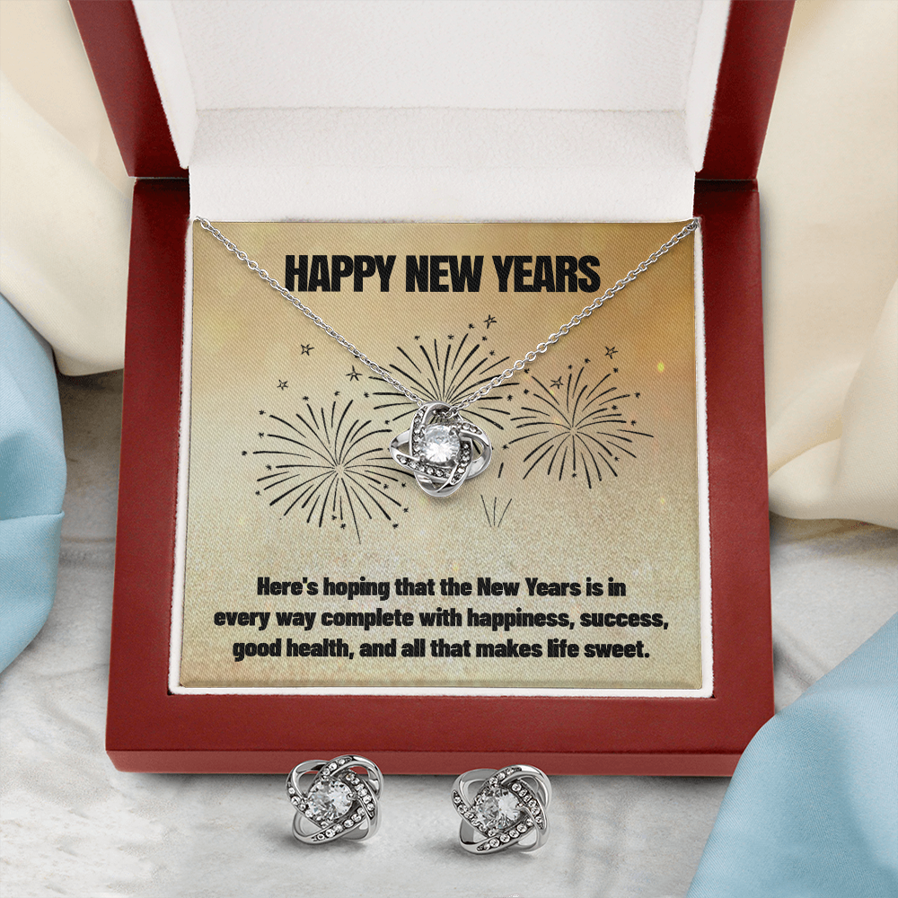 Happy New Years Love Knot Necklace & Earring Set Message Card