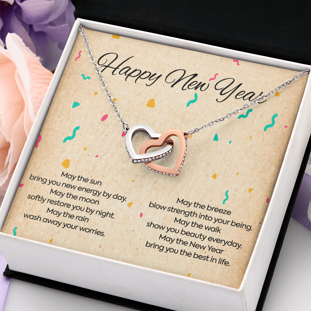 Happy New Year Interlocking Heart Necklace Message Card