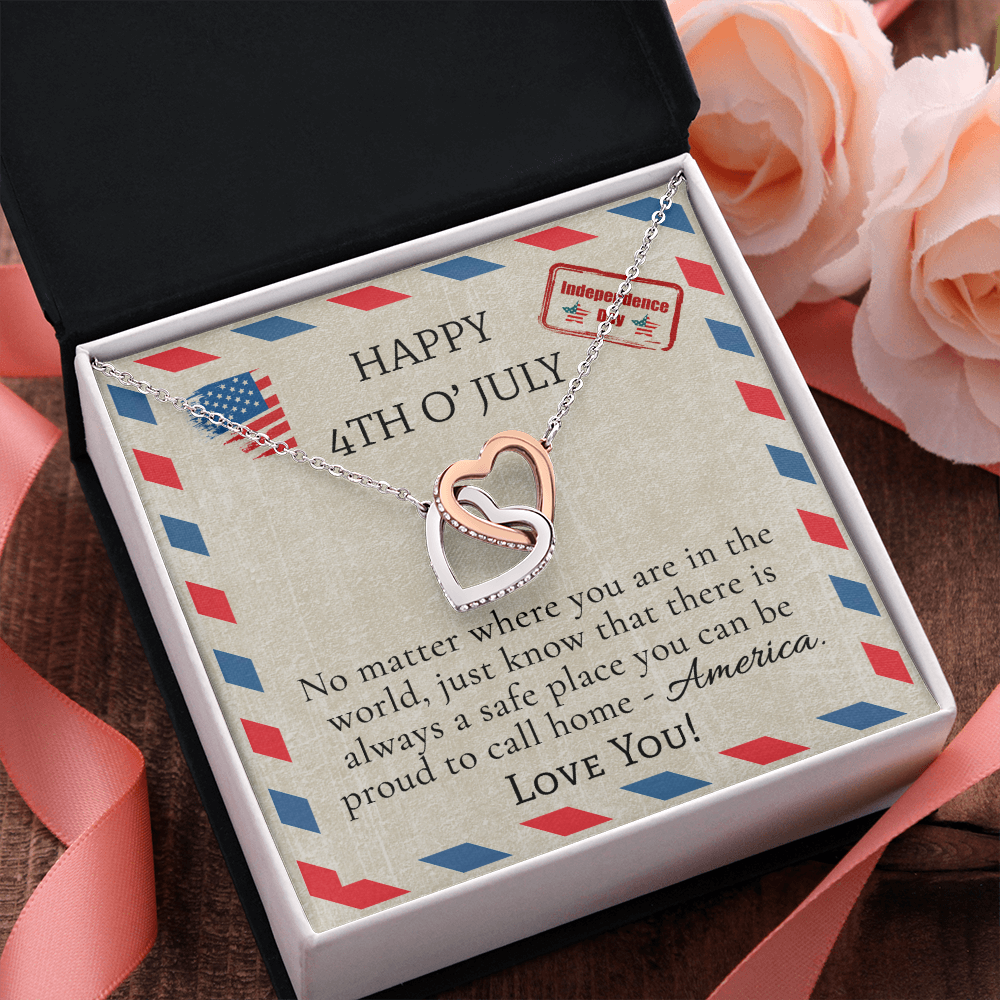 Happy 4th Of July Interlocking Heart Necklace Message Card