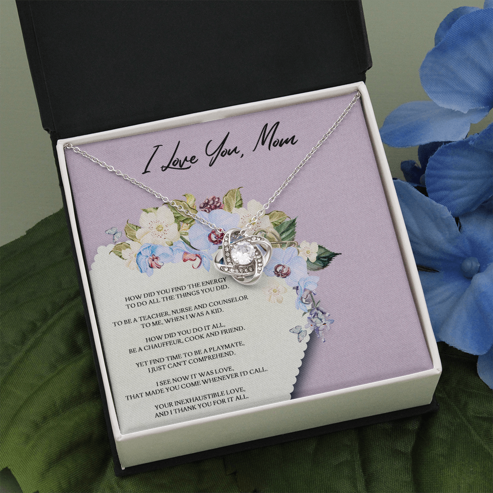 I Love You Mom Love Knot Necklace Message Card