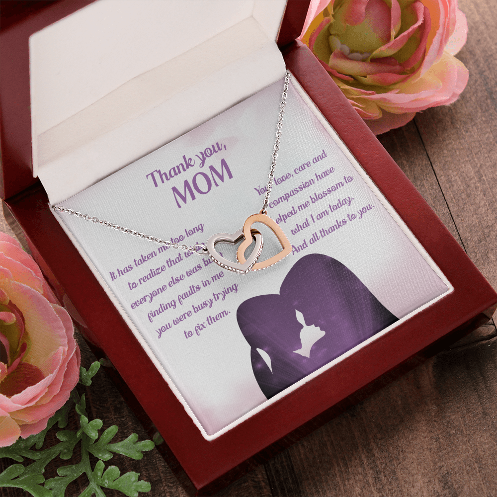 Thank You Mom Interlocking Heart Necklace Message Card