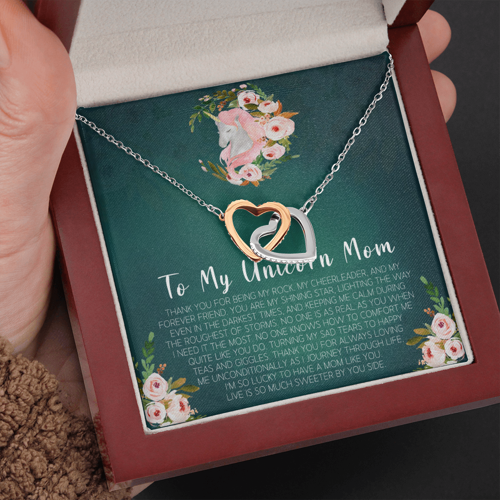 To My Unicorn Mom Interlocking Heart Necklace Message Card